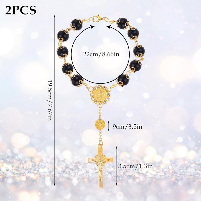 COBEE Car Rosary for Rearview Mirror, 2 Pieces Car Mirror Hanging Cross Auto Rosary Rear View Mirror Pendant Car Hanging Accessories Interior Decors for Women Men (Black Gold) - Image 3